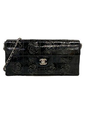 Chanel Shoulder Bag Camelliachocolate Black Flap Chain Silver Cutwork Leather